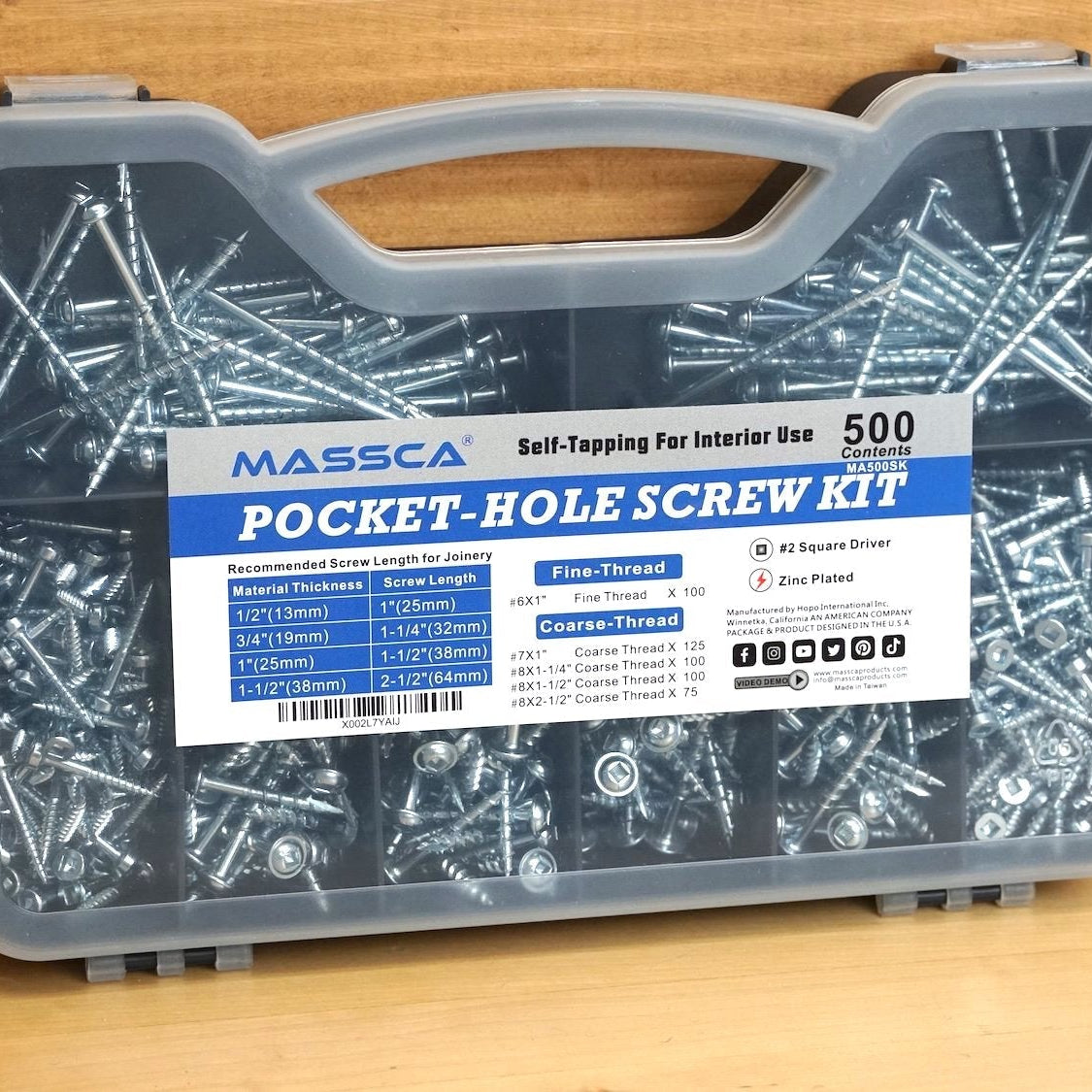 Massca Products | Pocket-Hole Screw Kit 500 Units | Self-Tapping Zinc Plated | Woodworking | Massca Products