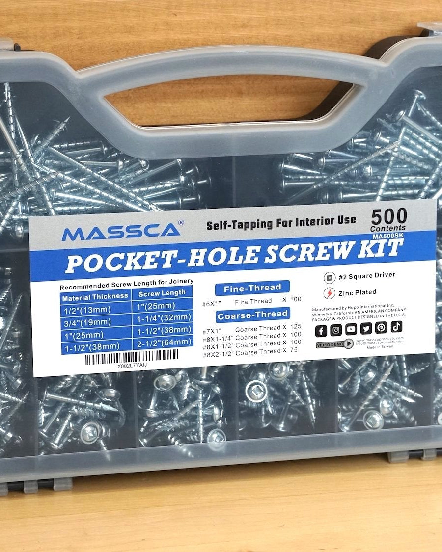 Massca Products | Pocket-Hole Screw Kit 500 Units | Self-Tapping Zinc Plated | Woodworking | Massca Products